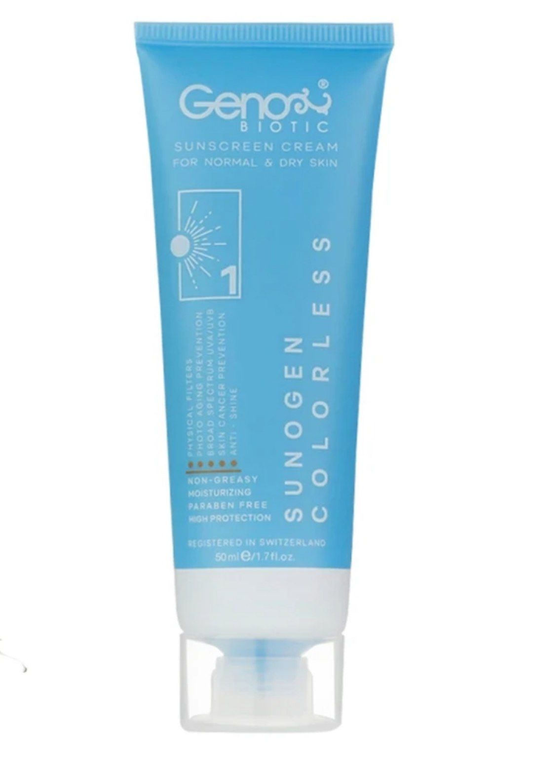 کرم ضد آفتاب ژنوبایوتیک مدل Sunogen SPF50 مناسب پوست نرمال و خشک حجم ۵۰ میلی‌لیتر